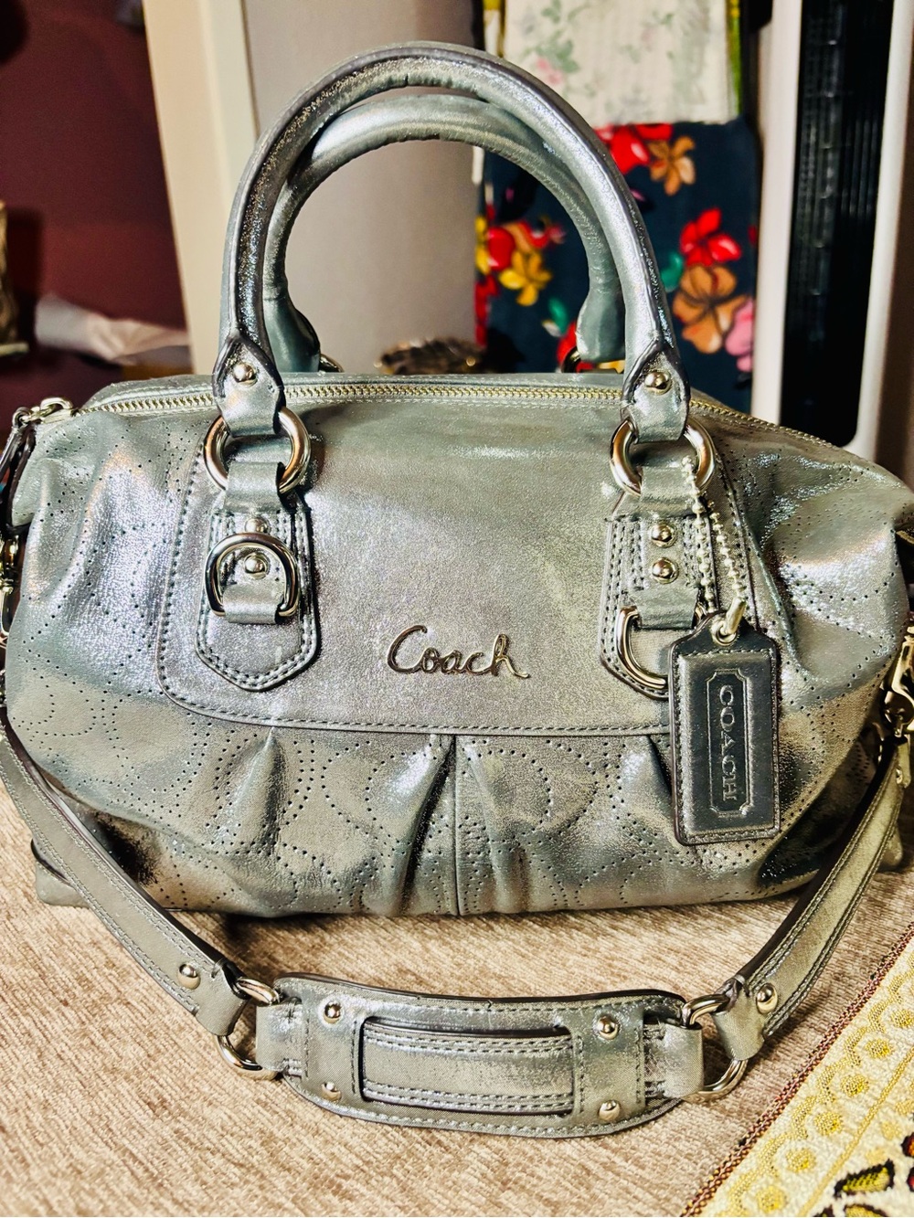 Coach Metallic Silver Handbag with Detachable Strap